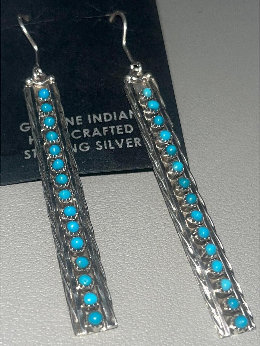 Native American Zuni handmade sterling snake eye earrings turquoise dangle